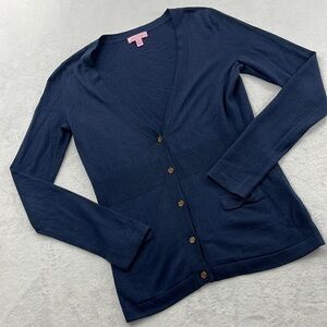 Lilly Pulitzer S Silk Cotton Navy‎ Blue V Neck Button Cardigan Soft Sweater